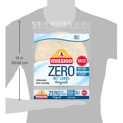 Mission Zero Net Carbs Flour Tortillas, soft taco size, Duo Grocery, 8-count pack, fresh and flexible for wraps and tacos.