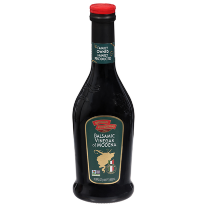 Bottle of Monari Federzoni Balsamic Vinegar of Modena from Duo Grocery, dark-colored glass with a label and silver cap.
