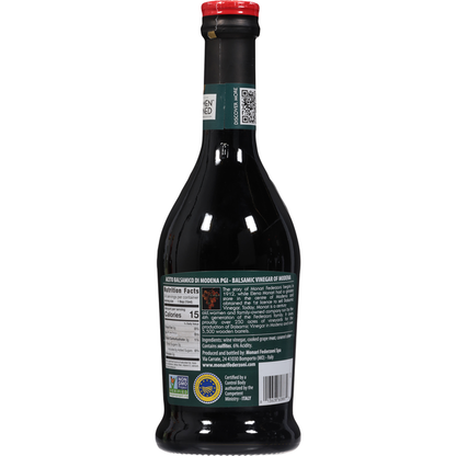 Bottle of Monari Federzoni Balsamic Vinegar of Modena with a dark, glossy appearance and traditional label on a white background.