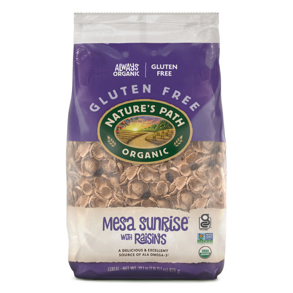 Bowl of Nature's Path Mesa Sunrise with Raisins cereal on a plate, showing toasted grains and plump raisins.
