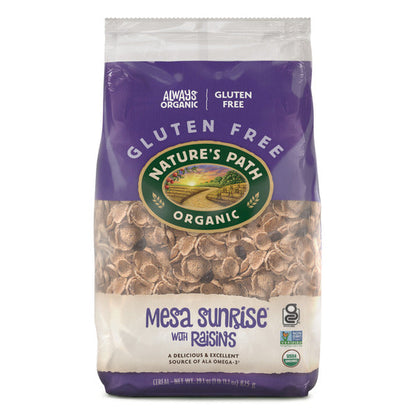 Bowl of Nature's Path Mesa Sunrise with Raisins cereal on a plate, showing toasted grains and plump raisins.