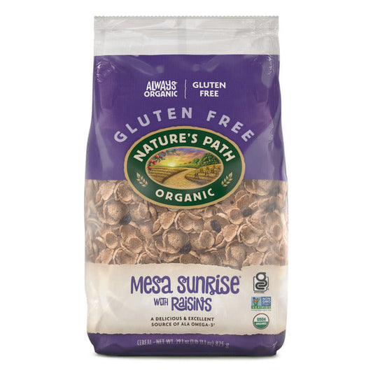 Bowl of Nature's Path Mesa Sunrise with Raisins cereal on a plate, showing toasted grains and plump raisins.