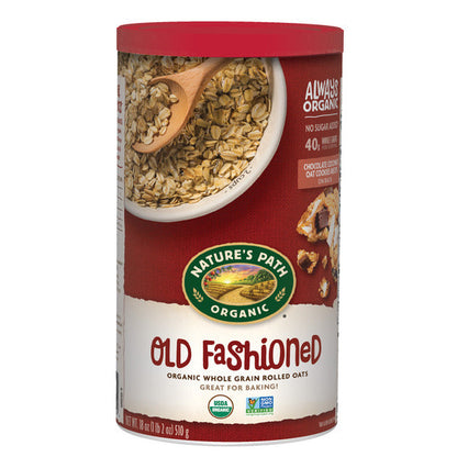 Bowl of Nature's Path Old Fashioned Oats instant oatmeal with a spoon, showcasing the wholesome, hearty oats in a natural setting.