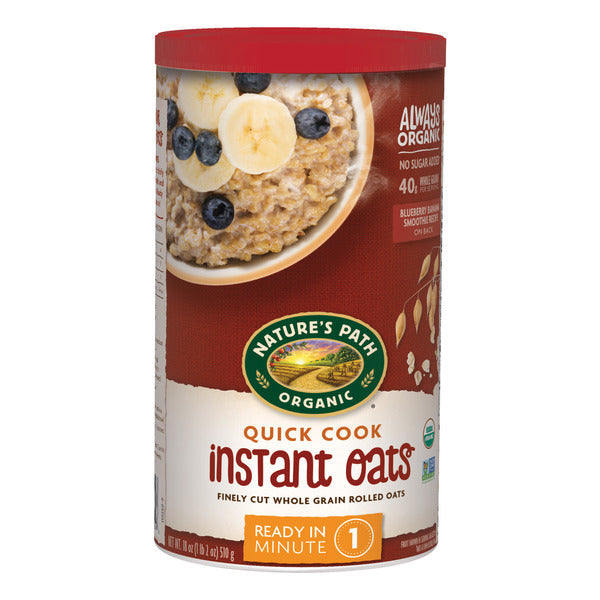 Organic quick oats in a Nature's Path package, ready for breakfast or cooking, shown in a clear product image.