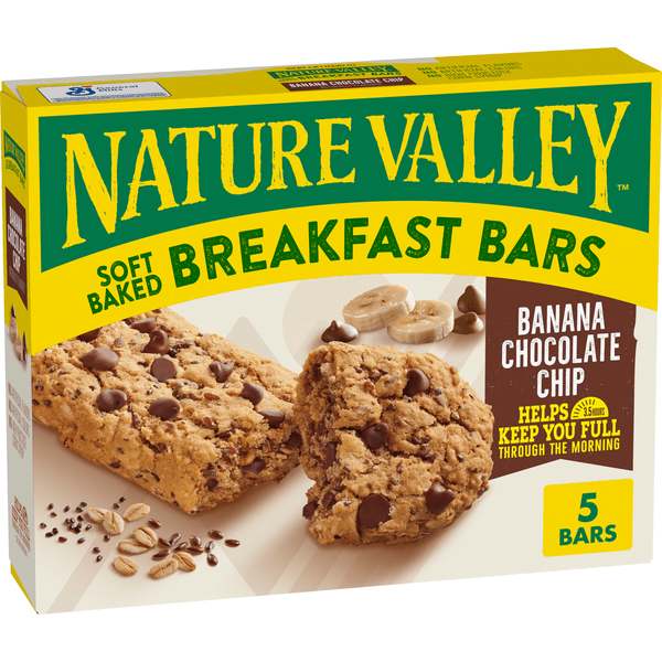 Nature Valley Banana Chocolate Chip Soft Baked Breakfast Bars with ripe bananas and chocolate chips in a soft, baked snack bar.