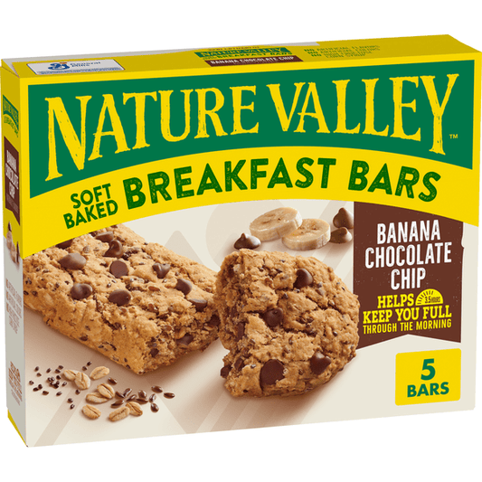 Nature Valley Banana Chocolate Chip Soft Baked Breakfast Bars with ripe bananas and chocolate chips in a soft, baked snack bar.