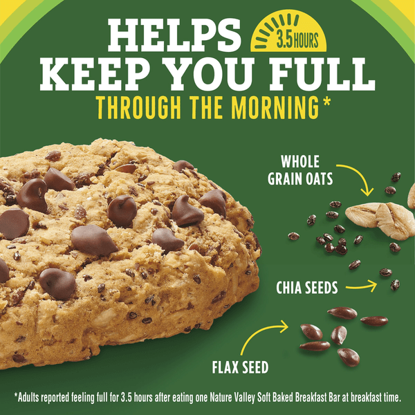 Nature Valley Banana Chocolate Chip Soft Baked Breakfast Bars in a package showing banana and chocolate chips on the front.