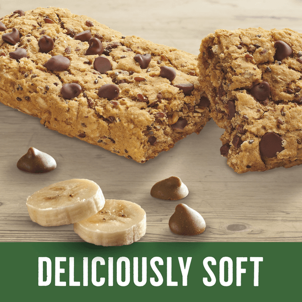 Nature Valley Banana Chocolate Chip Soft Baked Breakfast Bars by Duo Grocery, showing a close-up of the snack bars with banana and chocolate chips.