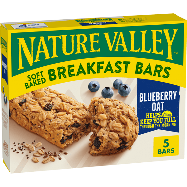 Nature Valley Blueberry Oat Soft Baked Breakfast Bars featuring blueberries and oats in a soft, chewy snack bar.