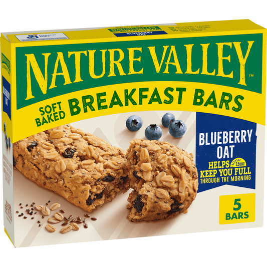 Nature Valley Blueberry Oat Soft Baked Breakfast Bars featuring blueberries and oats in a soft, chewy snack bar.