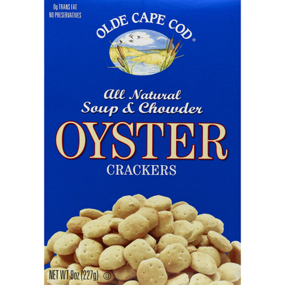 Olde Cape Cod Oyster Crackers in a clear bowl, crispy snack with a golden-brown texture, from Duo Grocery.