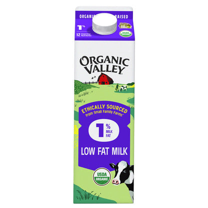 Organic Valley Organic 1% Low Fat Milk in a white carton with blue and green accents, displayed on a grocery shelf