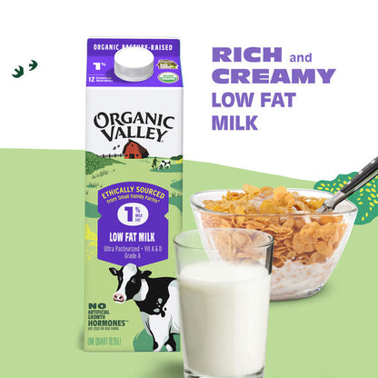 Organic Valley Organic 1% Low Fat Milk in a carton, showcasing fresh, white milk with brand label and eco-friendly packaging.