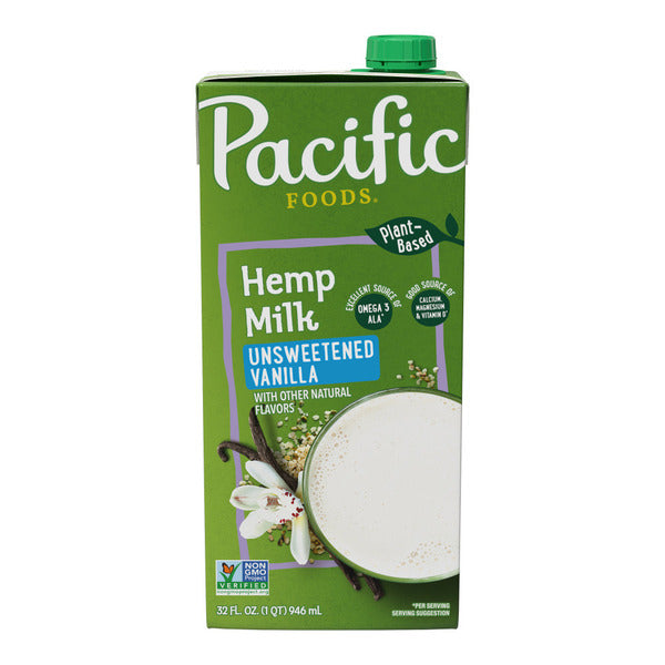 Unsweetened vanilla hemp milk carton from Pacific Foods featuring a white container with blue and purple branding.