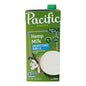 Unsweetened vanilla hemp milk carton from Pacific Foods featuring a white container with blue and purple branding.
