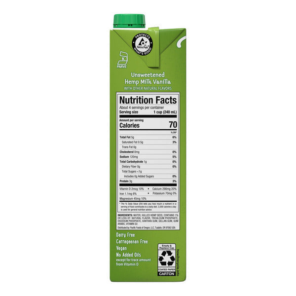 Unsweetened vanilla hemp milk in a carton from Pacific Foods, featuring a clean label with vanilla flavor and hemp plant illustrations.