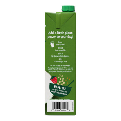 Unsweetened vanilla hemp milk in a carton from Pacific Foods, featuring a white and purple label with hemp plant imagery.