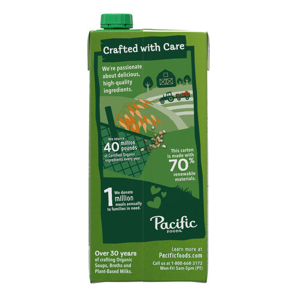 Unsweetened vanilla hemp milk carton from Pacific Foods with label showing product details and branding.