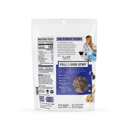 Purely Elizabeth Blueberry Hemp Ancient Grain Granola in a bowl with blueberries and hemp seeds for a healthy breakfast.