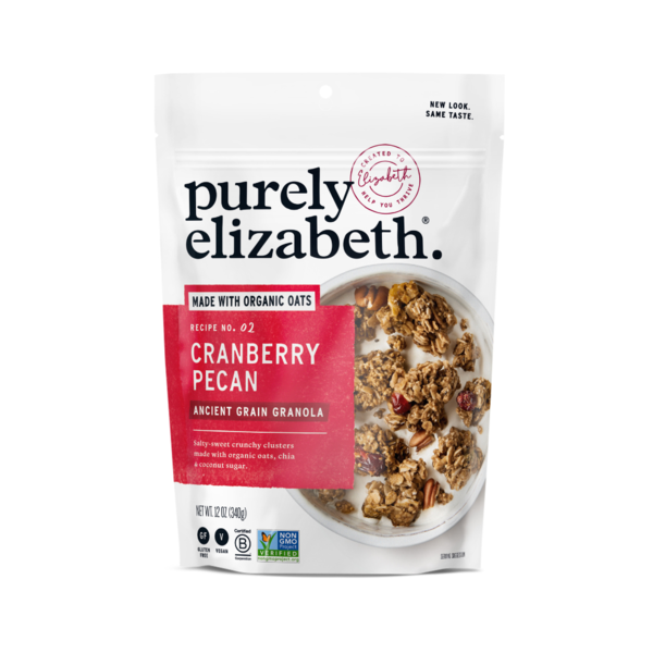 Purely Elizabeth Cranberry Pecan Ancient Grain Granola in a bowl, featuring cranberries, pecans, and mixed ancient grains.