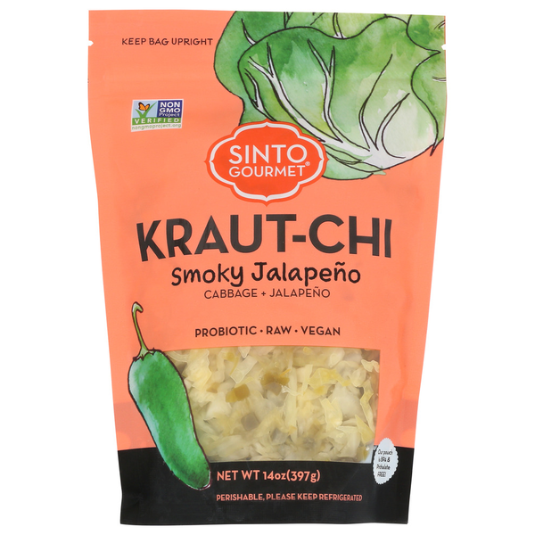 Sinto Gourmet Kraut-Chi Smoky Jalapeno jar by Duo Grocery, featuring spicy fermented cabbage with smoky jalapeno peppers.