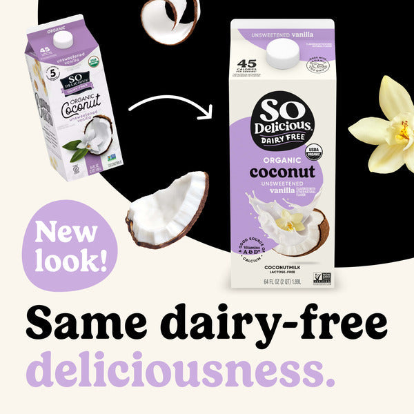 Duo Grocery So Delicious Dairy Free Organic Coconut Milk Unsweetened Vanilla carton, plant-based vegan gluten-free milk alternative