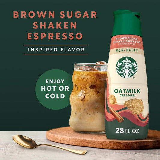 Duo Grocery Starbucks non-dairy brown sugar cinnamon flavored creamer bottle on a kitchen countertop.