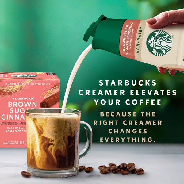 Duo Grocery Starbucks non-dairy brown sugar cinnamon flavored creamer bottle with label and pouring spout.