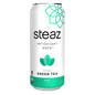 Cans of Steaz Antioxidant Brew Tea in mint flavor with fresh mint leaves on a white background