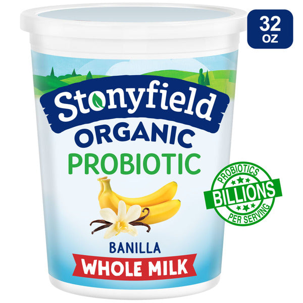Stonyfield Organic Banilla Whole Milk Probiotic Yogurt container, featuring a creamy yogurt with probiotic benefits in a white cup.