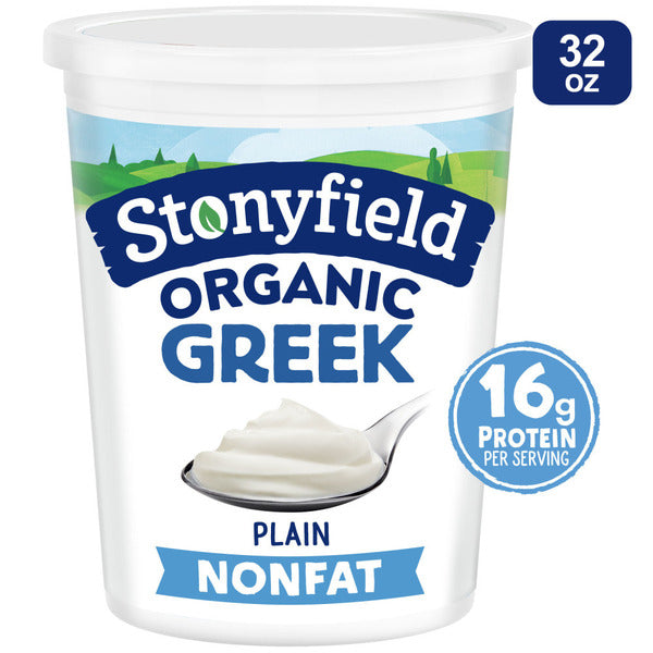 Stonyfield Organic Greek Nonfat Yogurt Plain in 32 oz container, high protein 16g, zero fat, perfect for snacks and cooking