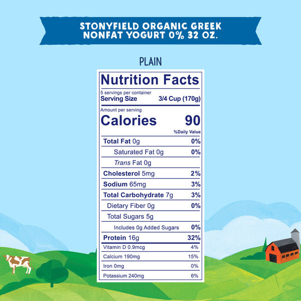 Stonyfield Organic Greek Nonfat Yogurt, plain 32 oz. container, high in protein, 0% fat, suitable for snacks and cooking.