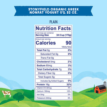 Stonyfield Organic Greek Nonfat Yogurt, plain 32 oz. container, high in protein, 0% fat, suitable for snacks and cooking.