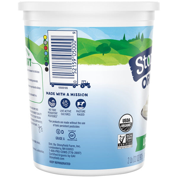 Plain Stonyfield Organic Lowfat Yogurt in a white container with a blue lid, showcasing the product label and brand.