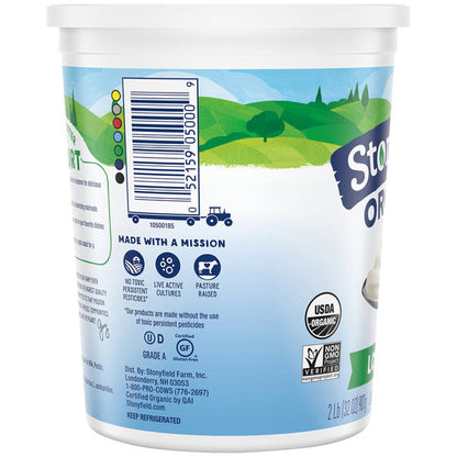 Plain Stonyfield Organic Lowfat Yogurt in a white container with a blue lid, showcasing the product label and brand.