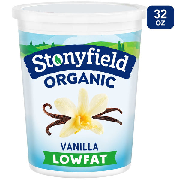 Creamy Stonyfield Organic Lowfat Vanilla Yogurt in a cup, with vanilla flavor and organic ingredients, from Duo Grocery.