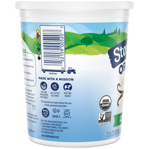 Stonyfield Organic Lowfat Vanilla Yogurt in a cup, creamy texture, with vanilla flavor and organic certification.