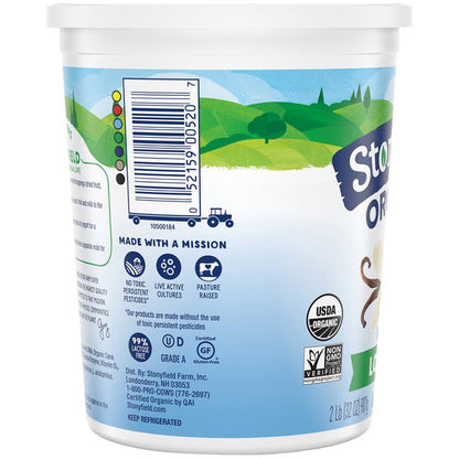 Stonyfield Organic Lowfat Vanilla Yogurt in a cup, creamy texture, with vanilla flavor and organic certification.