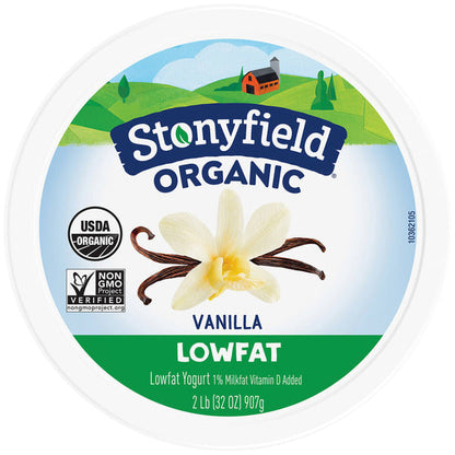 Stonyfield Organic lowfat vanilla yogurt in a plastic cup with a foil lid, featuring vanilla flavor and organic certification.