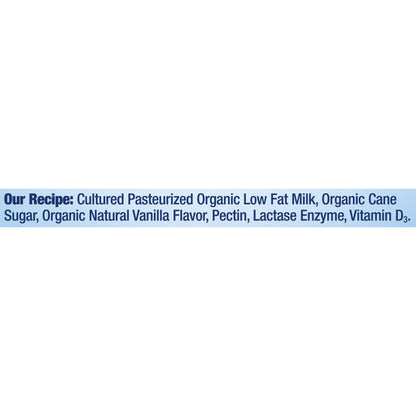 Container of Stonyfield Organic Lowfat Vanilla Yogurt, with a white and blue label showing vanilla flavor and organic certification.