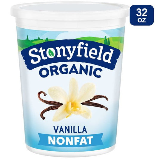 Stonyfield Organic Nonfat Vanilla Yogurt in a cup, featuring creamy vanilla flavor and natural ingredients.