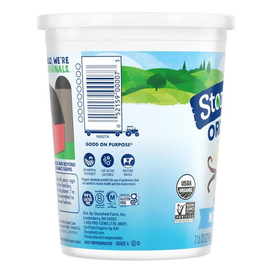 Creamy Stonyfield Organic Nonfat Vanilla Yogurt in a clear cup with vanilla bean specks, perfect for a healthy snack.