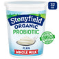 Stonyfield Organic plain whole milk probiotic yogurt container with a white label and blue cap, showcasing the product inside.