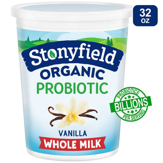 Stonyfield Organic Vanilla Whole Milk Probiotic Yogurt container with creamy vanilla yogurt inside