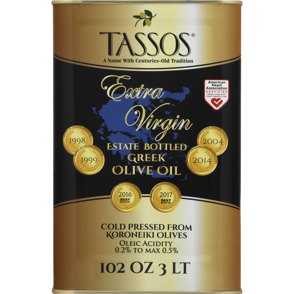 Bottle of Tassos Extra Virgin Greek Olive Oil from Duo Grocery, estate bottled with a clear label and golden oil inside.