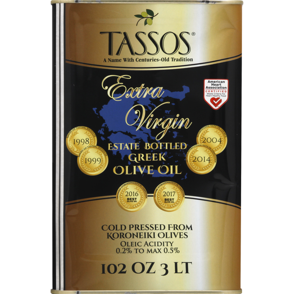 Bottle of Tassos Extra Virgin Greek Olive Oil, estate bottled, with a dark glass container and label displaying Greek branding.