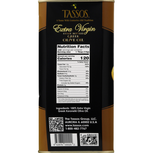 Bottle of Tassos Extra Virgin Greek Olive Oil from Duo Grocery, estate-bottled with a clear label and golden oil inside