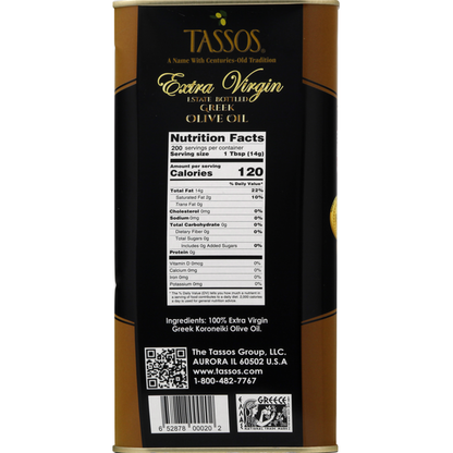 Bottle of Tassos Extra Virgin Greek Olive Oil from Duo Grocery, estate-bottled with a clear label and golden oil inside