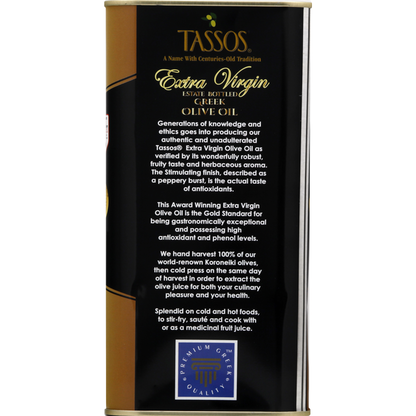 Bottle of Tassos Extra Virgin Greek Olive Oil from Duo Grocery, estate bottled with a golden label and dark glass bottle.