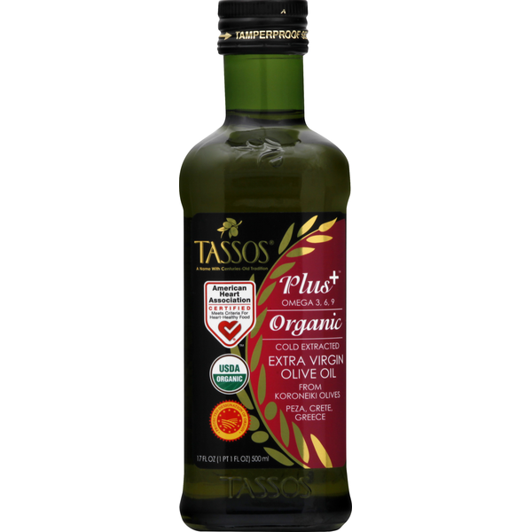 Duo Grocery Tassos Organic Extra Virgin Olive Oil bottle, cold-pressed and golden in color, with a label displaying product details.